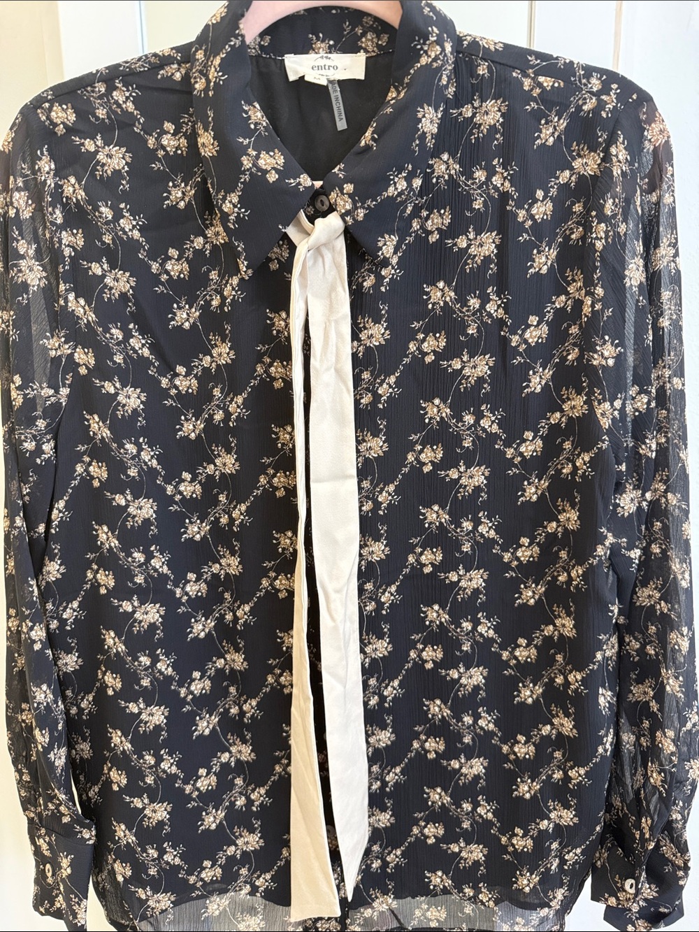 entro Navy Floral Tie-Neck Blouse with Cream Accent